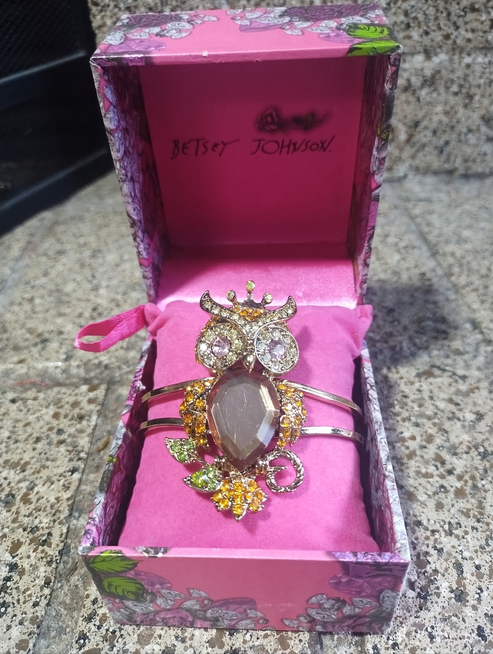 Betsey Johnson Bracelet Enchanted Forest Owl Hinged Bling Cuff Bracelet